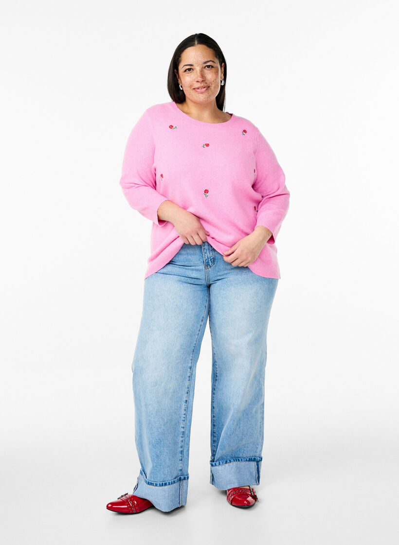 Strickbluse mit floralem Muster und 3/4-Ärmeln, Begonia Pink Mel., Model image number 2