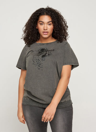 Kurzarm T-Shirt mit Acid Wash und Smock, Dark grey acid wash, Model image number 0