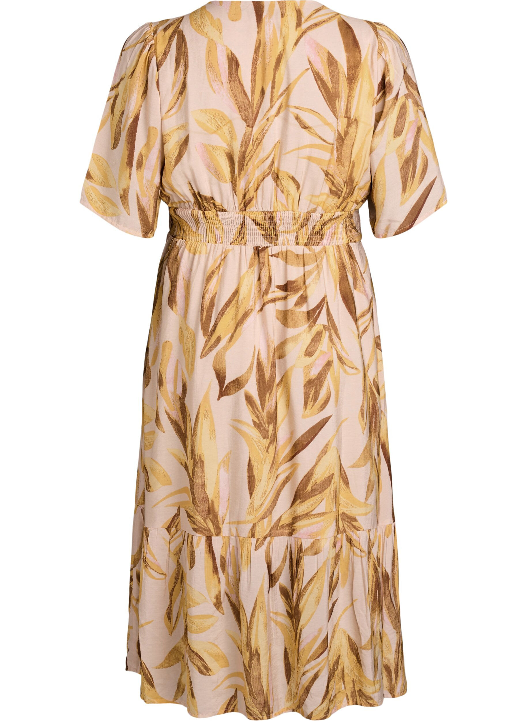 ZizziMidikleid aus Viskose mit Blattmuster und gesmokter Taille, Gelb, Packshot image number 1