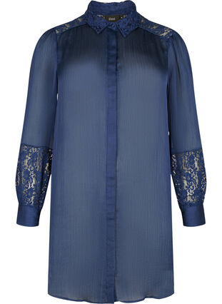 Langes Kleid mit Spitzendetails, Evening Blue, Packshot image number 0