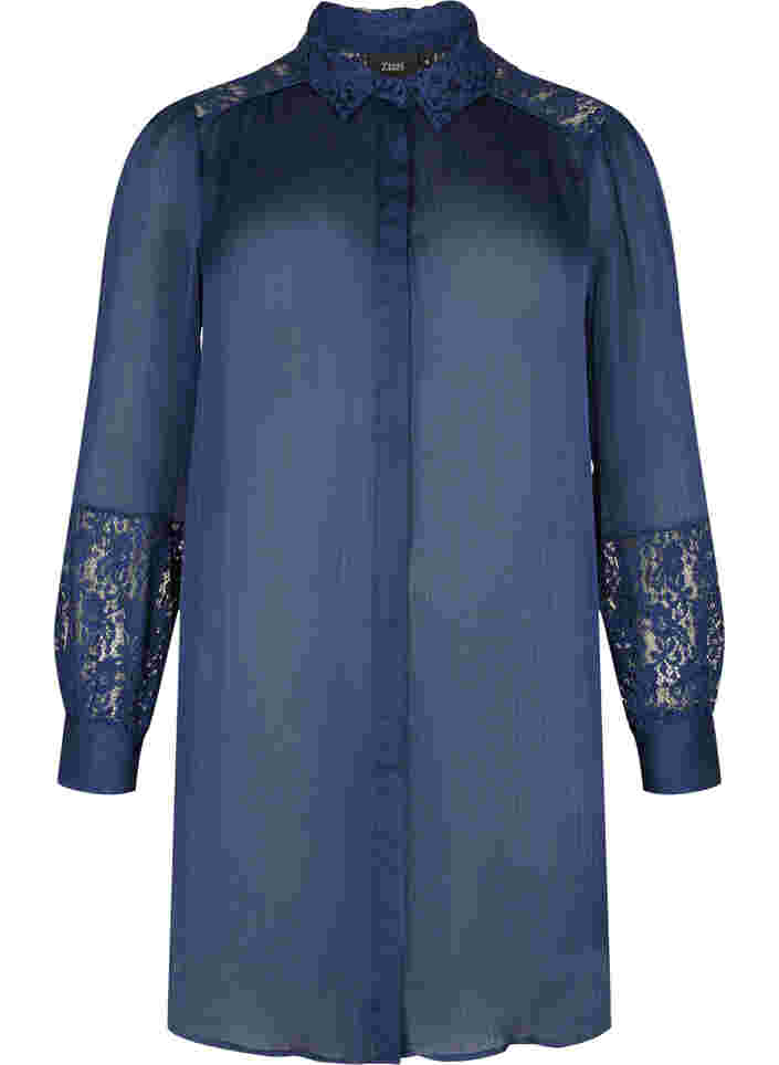 Langes Kleid mit Spitzendetails, Evening Blue, Packshot image number 0