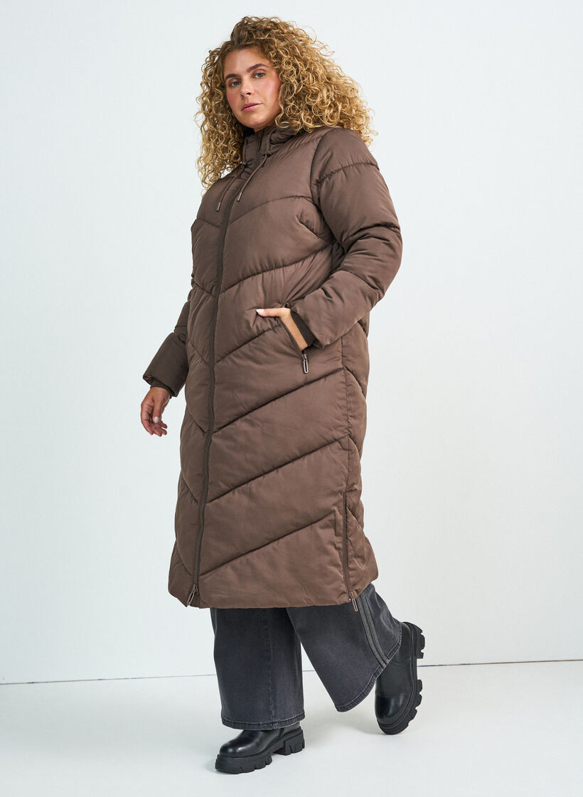 Langer Puffermantel mit Kapuze und Taschen, Braun, Model image number 0
