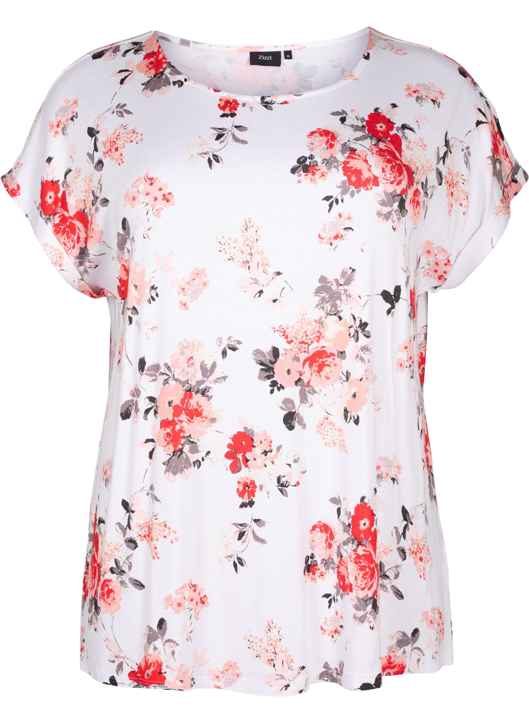 Zizzi Gebl&uuml;mte Bluse aus Viskose mit kurzen &Auml;rmeln, White AOP flower, Packshot image number 0