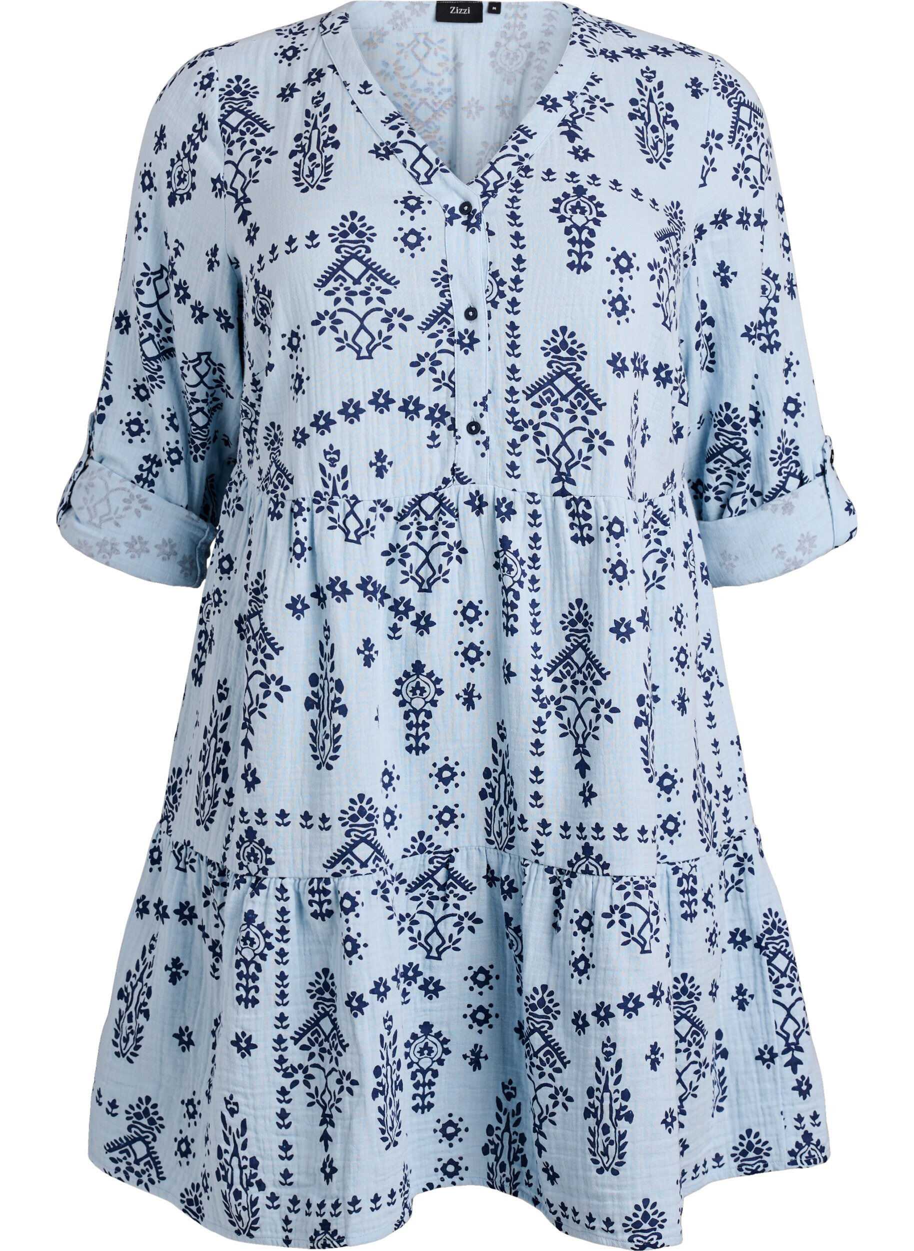 Zizzi Kurzes Kleid aus gemustertem Baumwoll-Musselin, Blau, Packshot image number 0