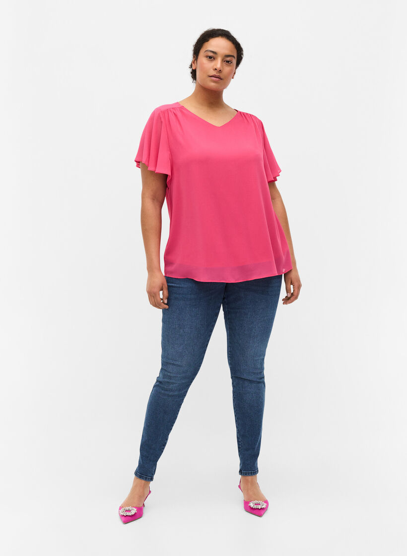 Bluse mit kurzen &Auml;rmeln, Magenta, Model image number 2