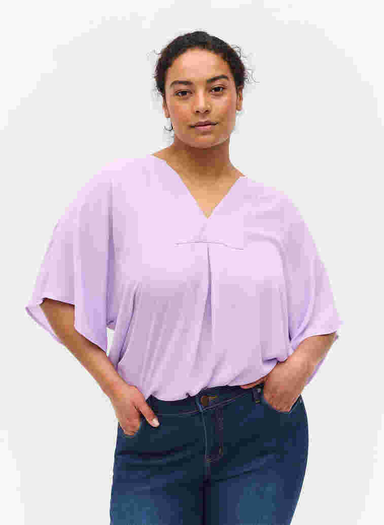 Bluse mit V-Ausschnitt und Fledermausärmeln, Lavendula, Model image number 0