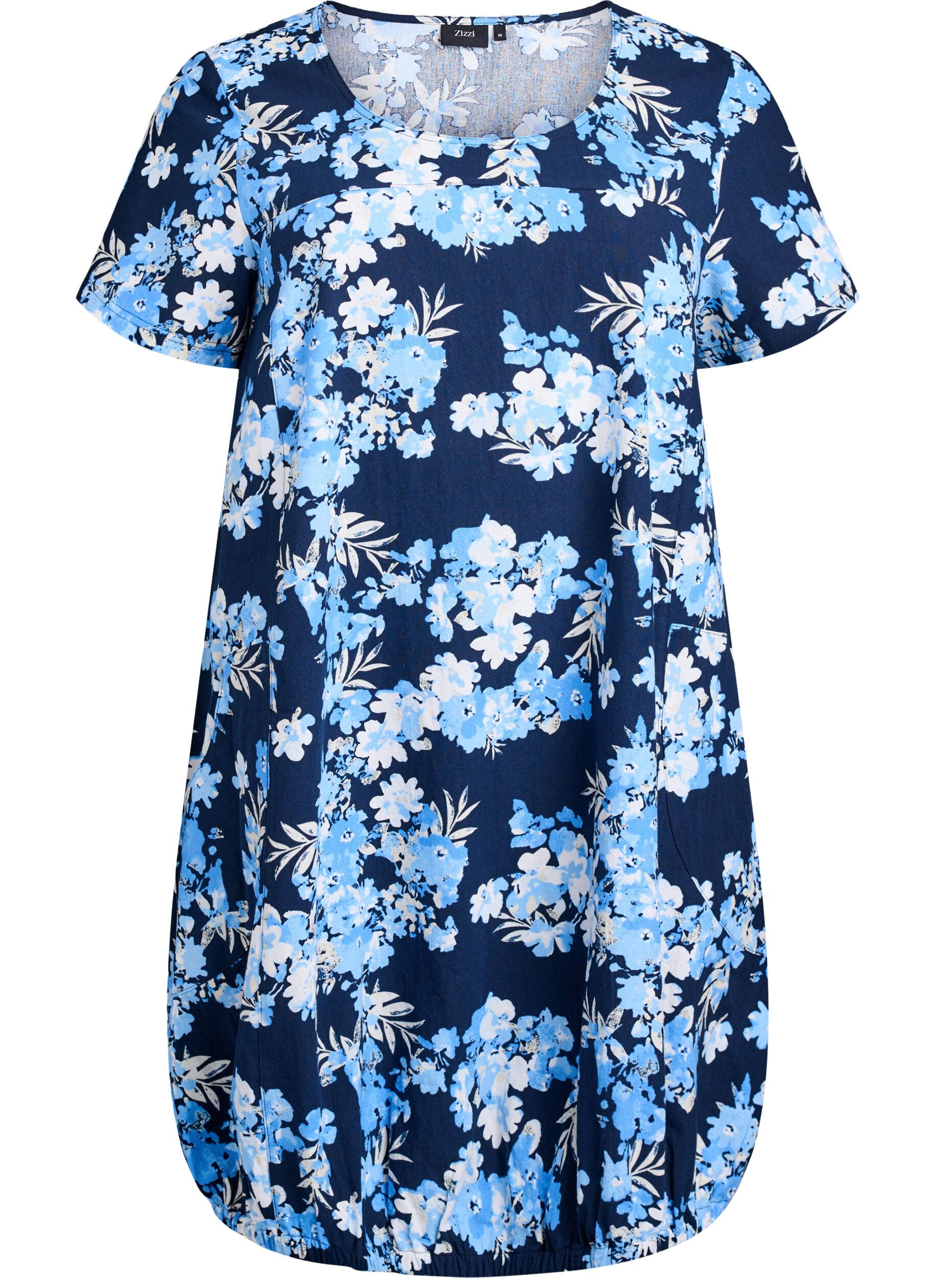 Zizzi Kurz&auml;rmliges Baumwollkleid mit Aufdruck, Blau, Packshot image number 0