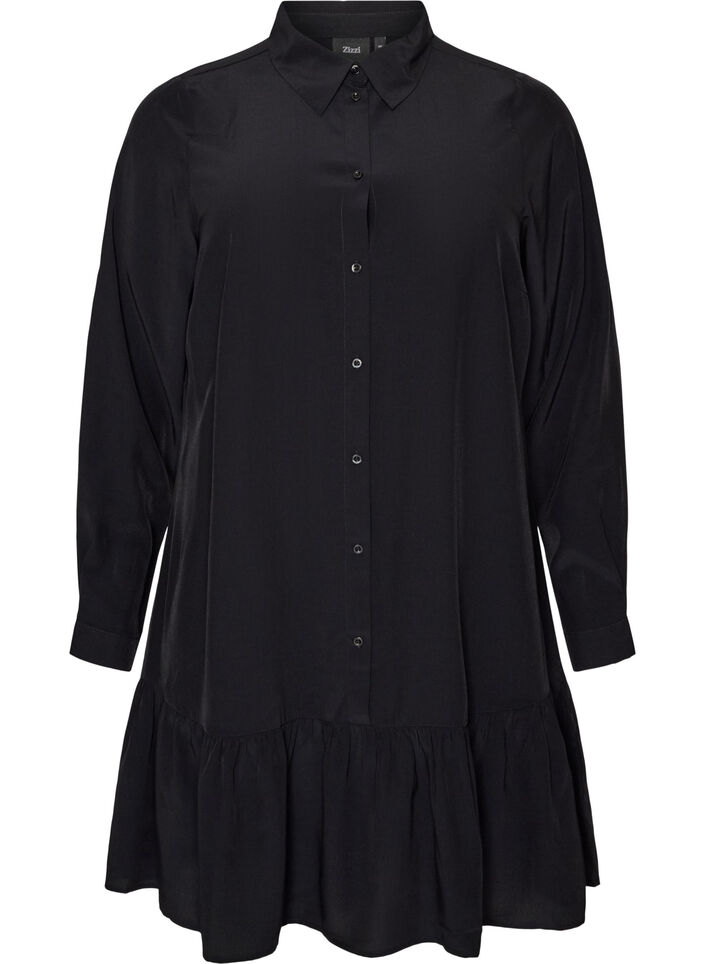Kurzes Hemdblusenkleid mit R&uuml;schenvolant, Schwarz, Packshot image number 0