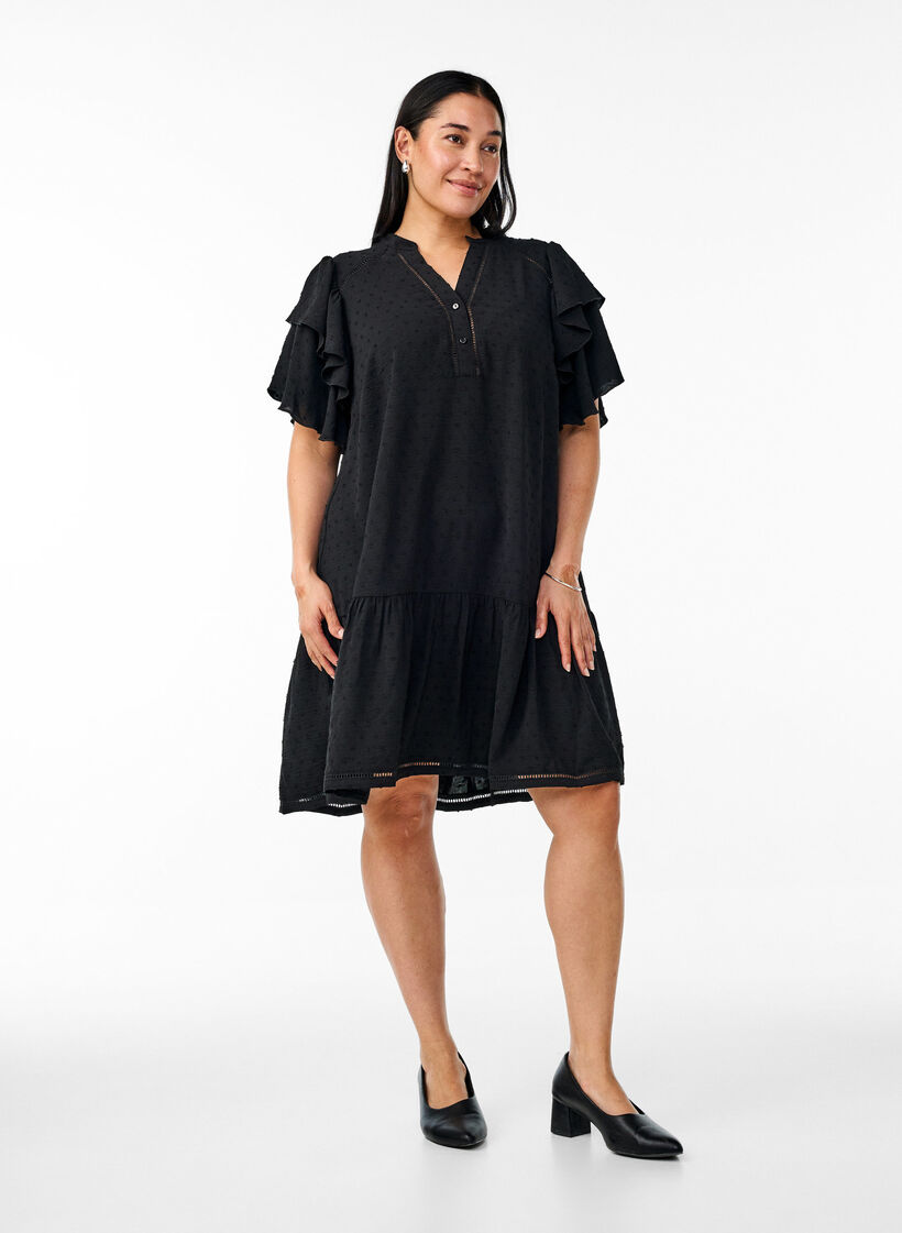 Kleid mit Rüschenärmeln und gepunkteter Textur, Black, Model image number 2