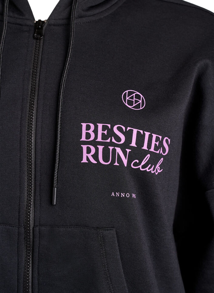 Hoodie mit Rei&szlig;verschluss und Brustprint, Schwarz, Packshot image number 2