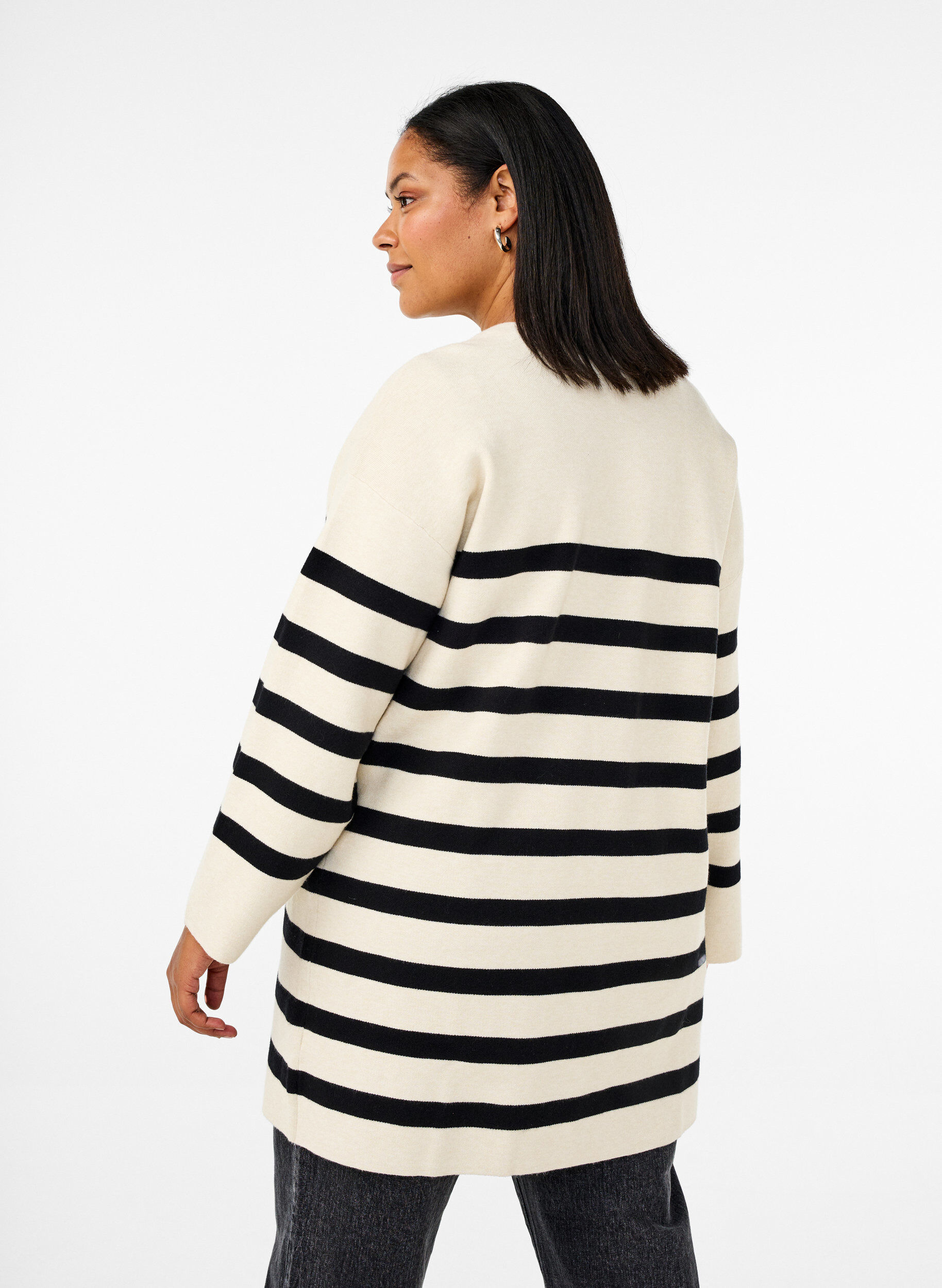 Zizzi Langgestreifter Strickcardigan, Birch w/Black, Model image number 1