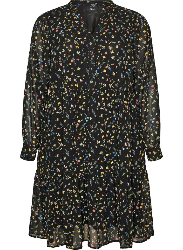 Kleid mit Allover-Muster und einer Volantlage, Schwarz, Packshot image number 0