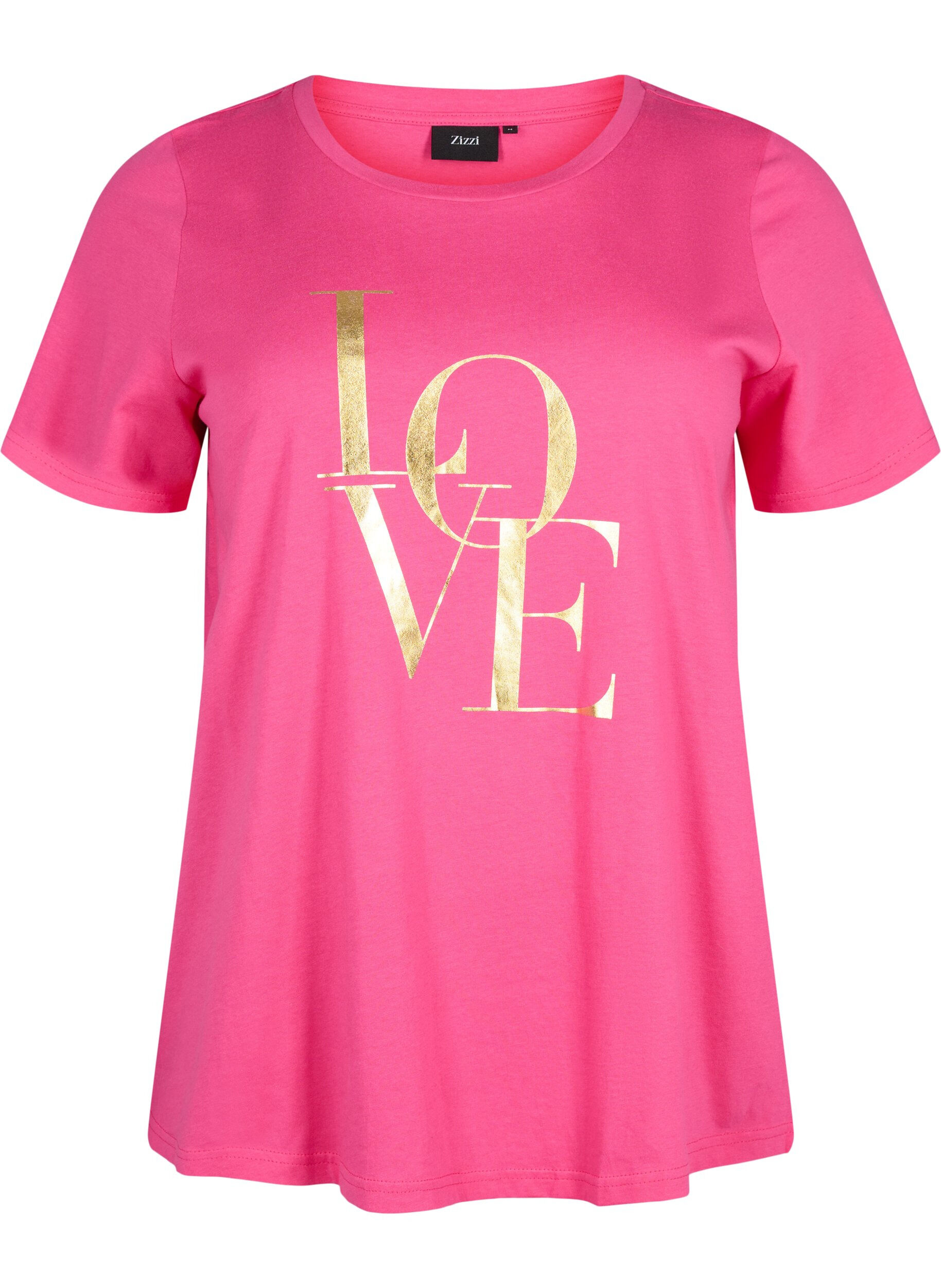 Zizzi T-Shirt aus Baumwolle mit goldener Aufschrift, R.Sorbet w.Gold Love, Packshot image number 0