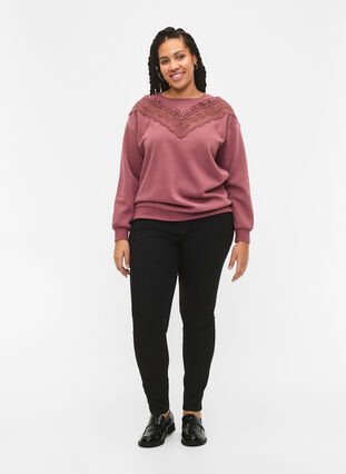 Sweatshirt mit Rüschen und Häkeldetail, Rose Brown, Model image number 2