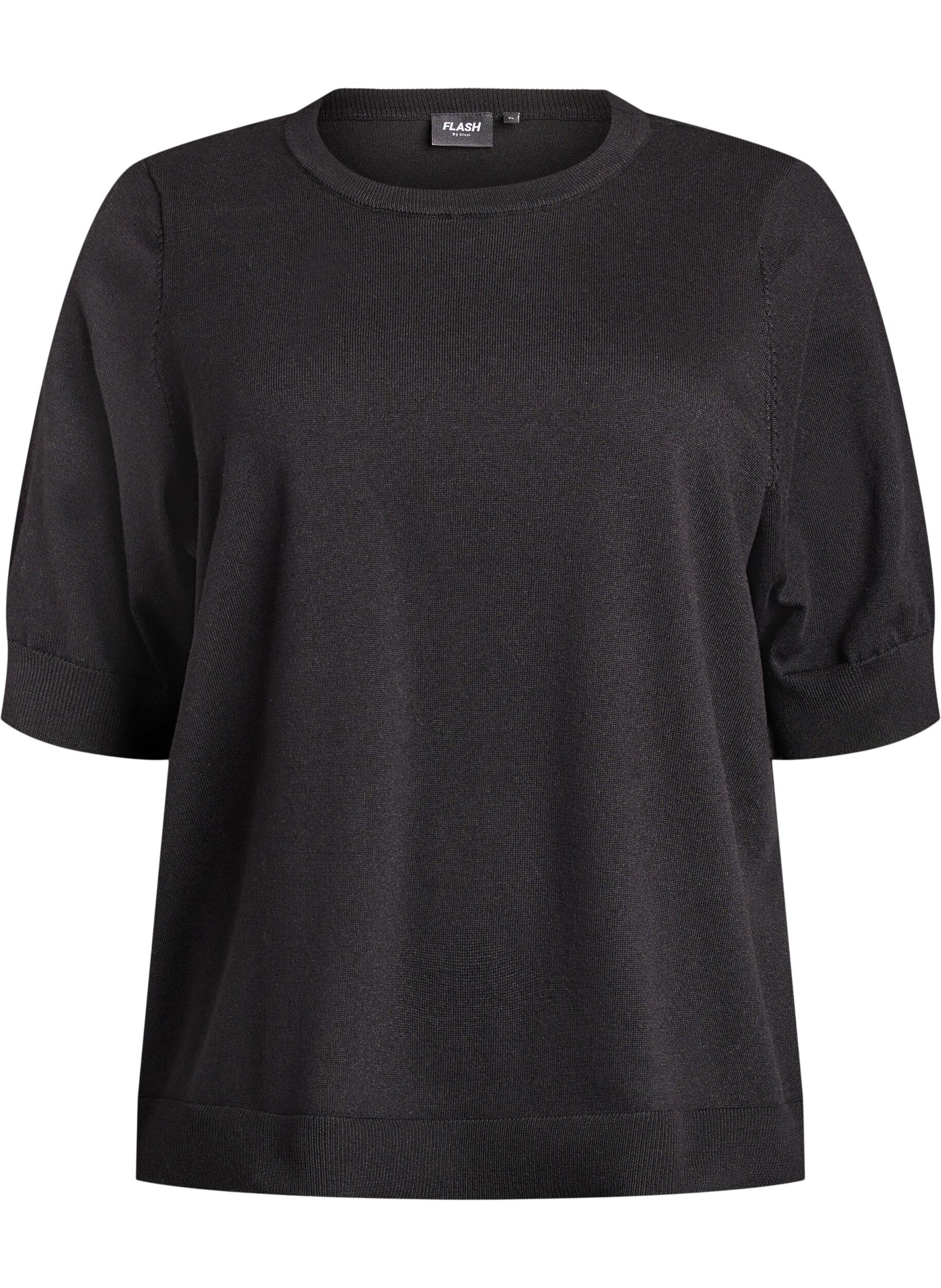 ZizziFein gestrickte Bluse mit kurzen &Auml;rmeln, Schwarz, Packshot image number 0