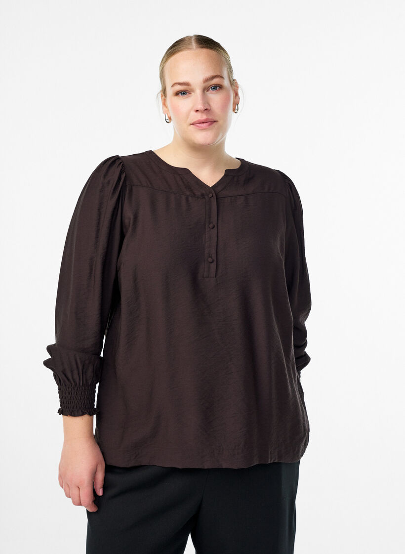 Viskose-Bluse mit Puff&auml;rmeln und gerafften Details, Braun, Model image number 0