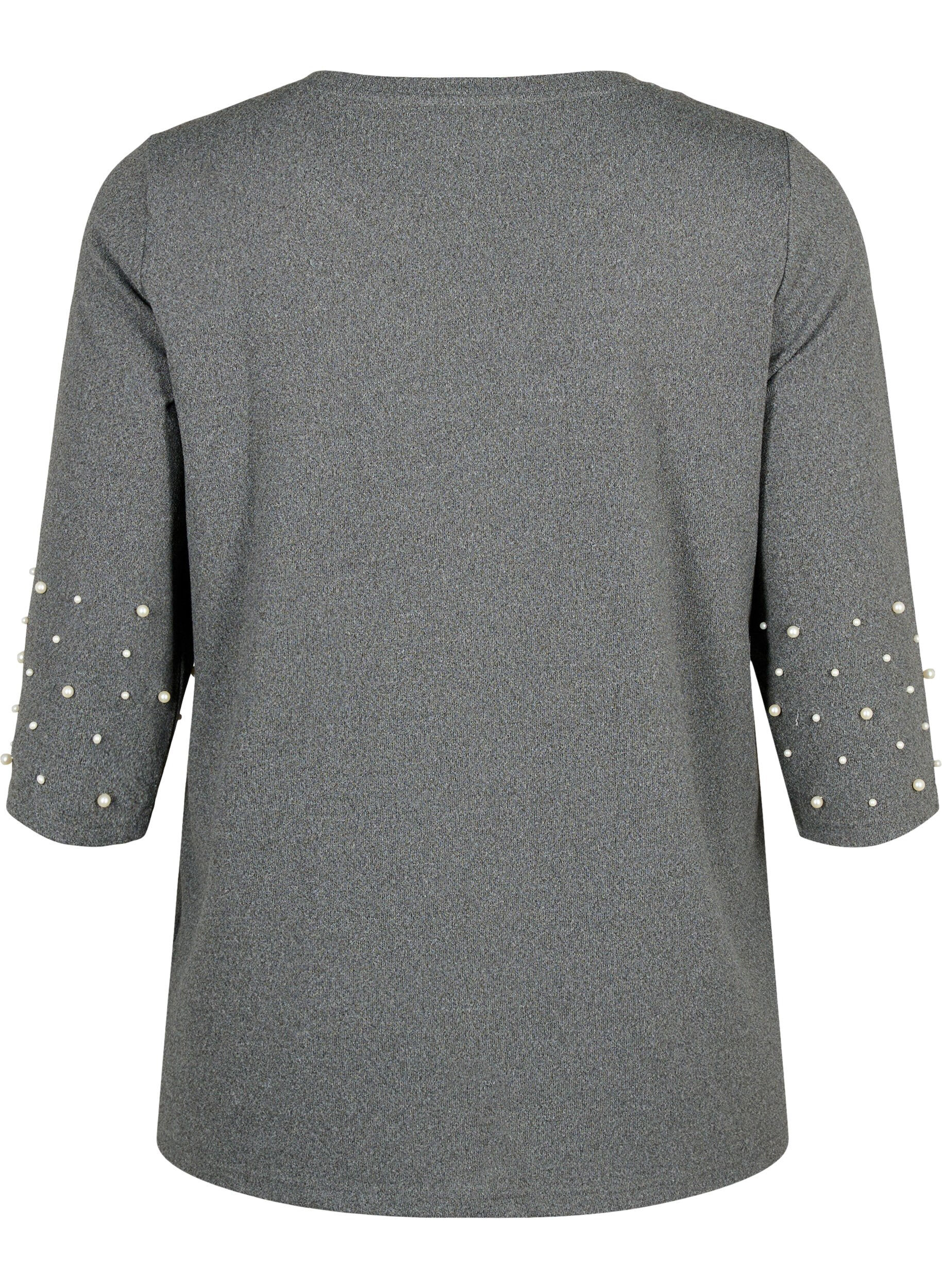 Zizzi Bluse mit Perlen und 3/4 &Auml;rmeln, Dark Grey Melange, Packshot image number 1