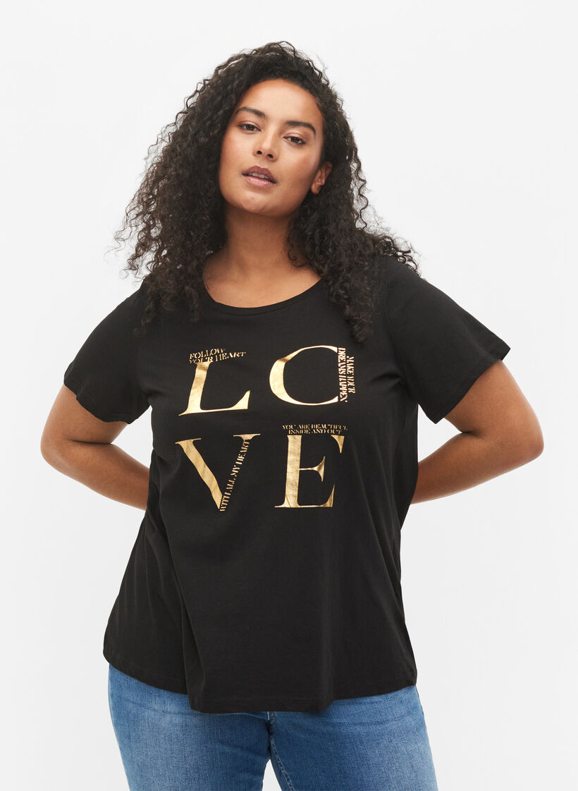 Kurzärmeliges Baumwoll-T-Shirt mit Print, Black Love, Model image number 0