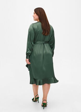 Langärmliges Wickelkleid aus Satin, Duck Green, Model image number 1
