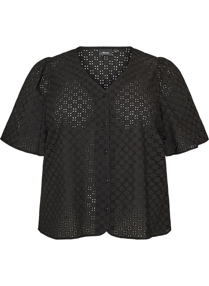 Bluse aus Broderie Anglaise mit Knopfleiste, Schwarz, Packshot image number 0