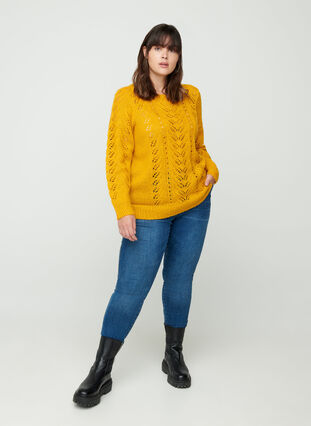 Strickpullover mit femininem Muster, Mineral Yellow, Model image number 2