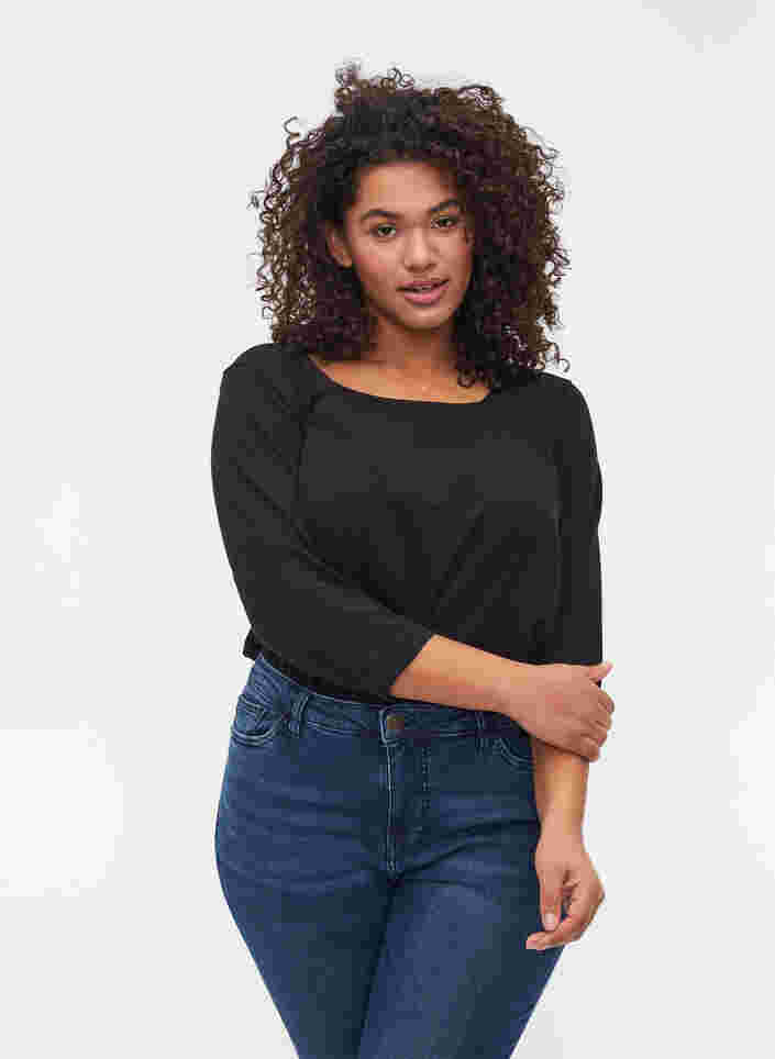Einfarbiges T-Shirt aus Baumwolle mit 3/4-Ärmeln, Black, Model