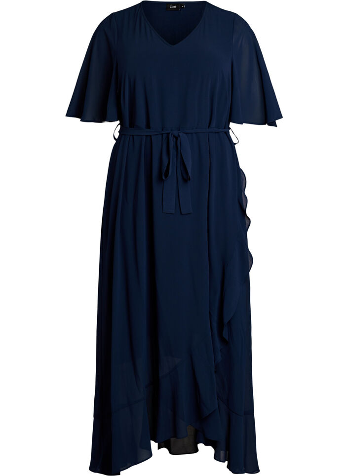 Maxikleid aus Chiffon mit V-Ausschnitt und R&uuml;schensaum, Blau, Packshot image number 0