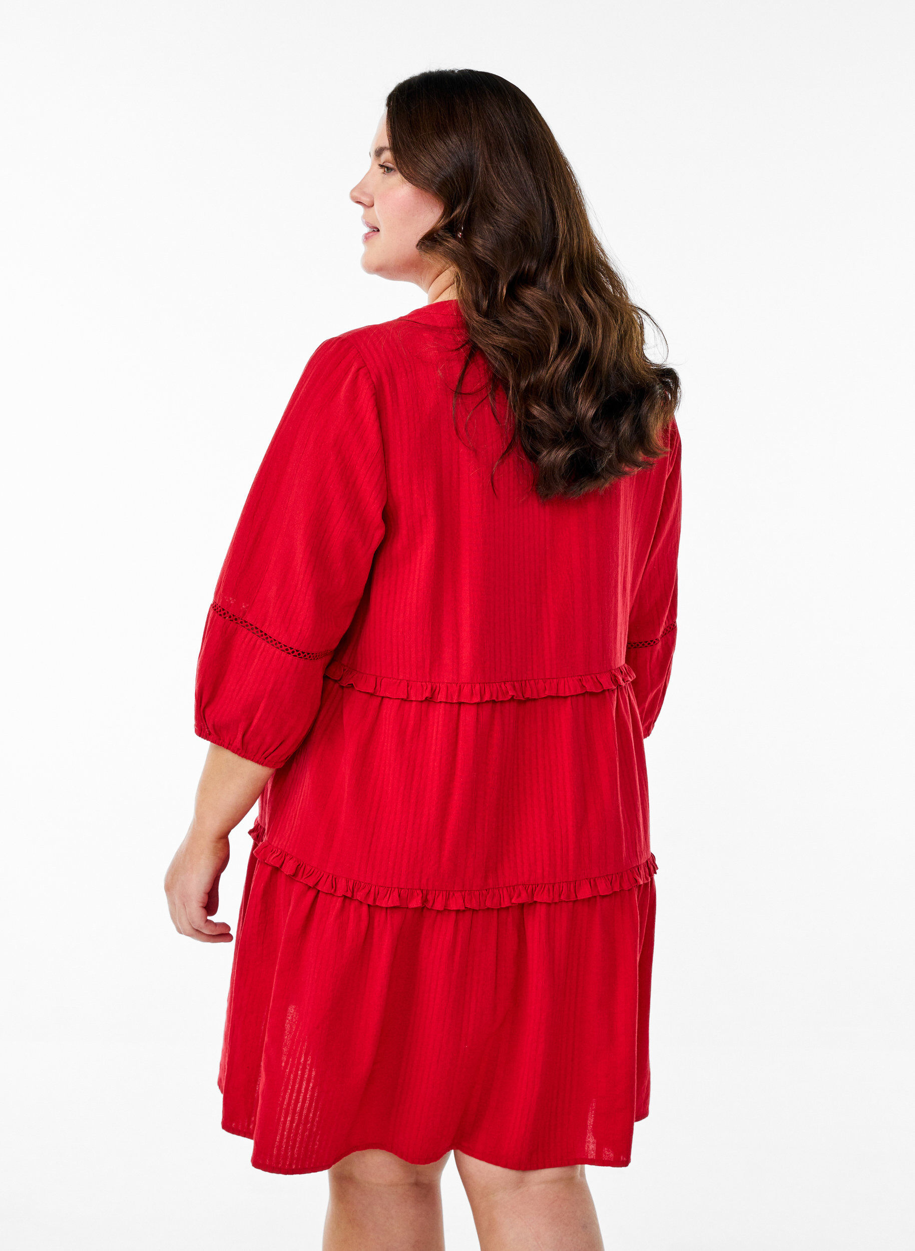 Zizzi Baumwollkleid mit 3/4-&Auml;rmeln und R&uuml;schen, Rot, Model image number 2