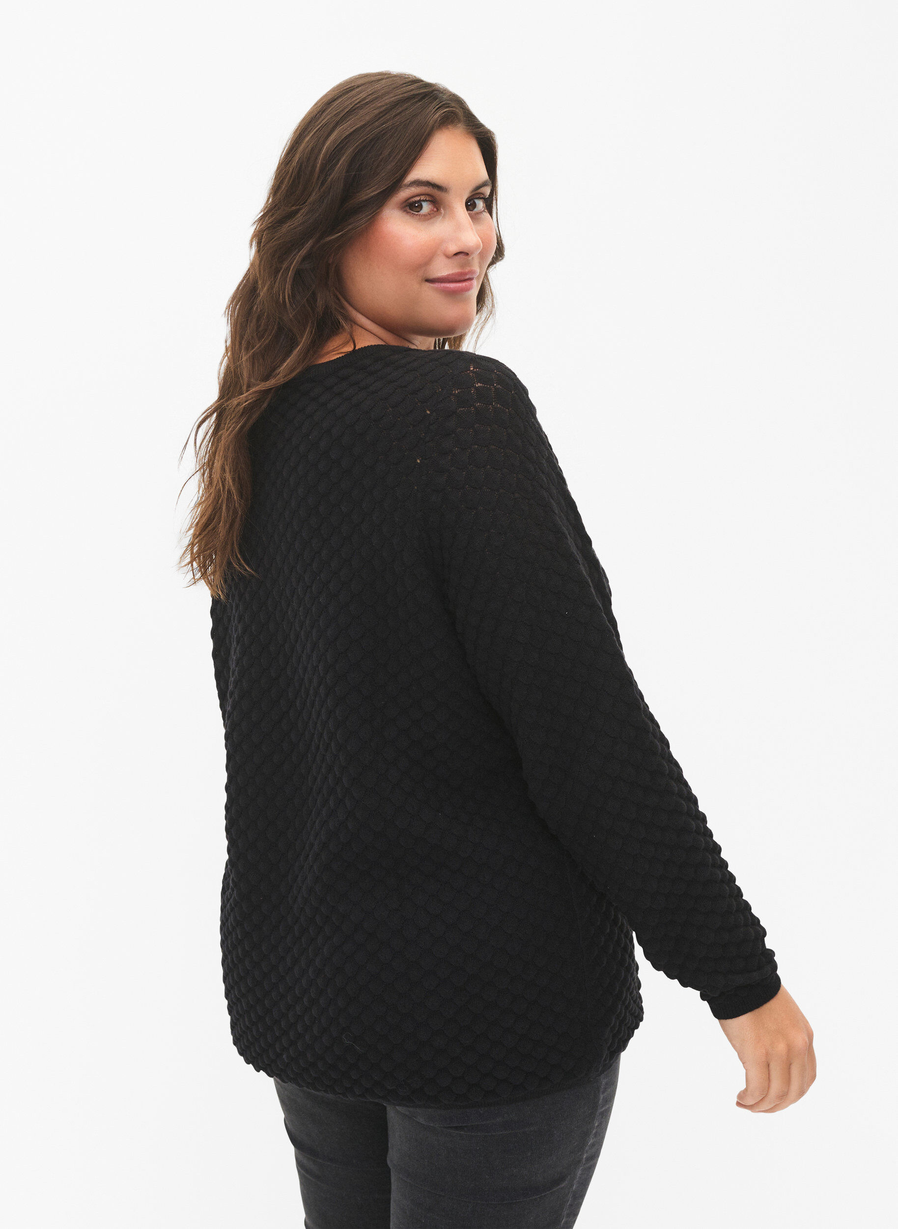 Zizzi Pullover mit Strukturmuster aus Bio-Baumwolle	, Black, Model image number 1
