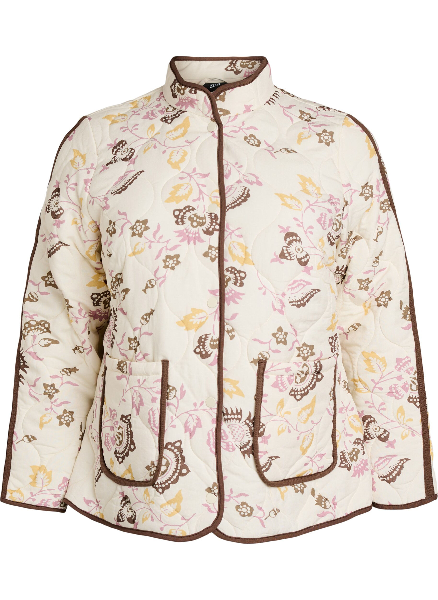 Zizzi Steppjacke mit Kn&ouml;pfen und gebl&uuml;mtem Muster, Beige, Packshot image number 0