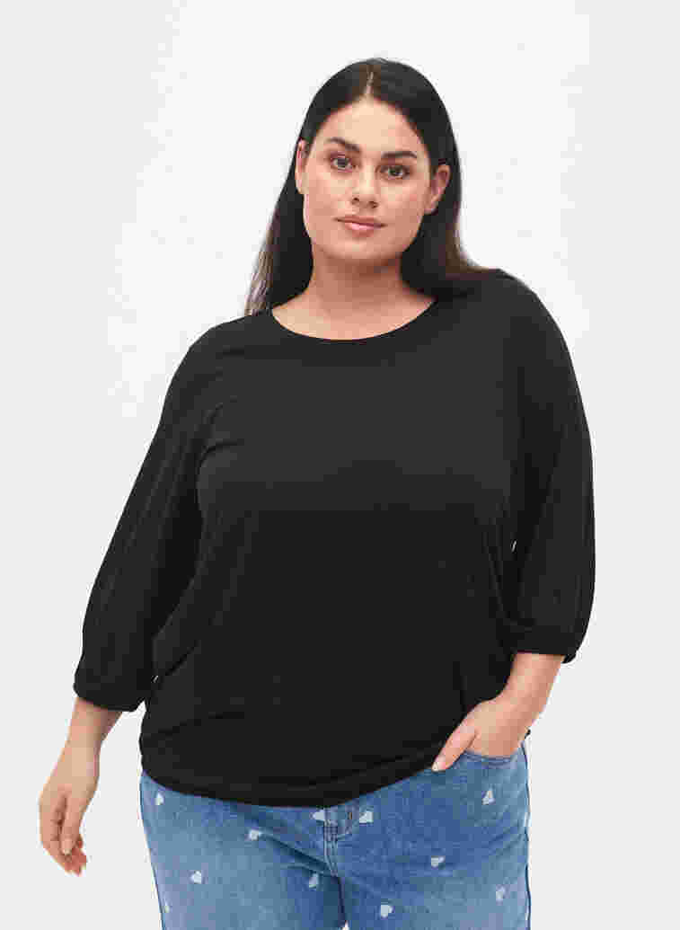 Einfarbige Bluse mit 3/4-Ärmel, Black, Model image number 0