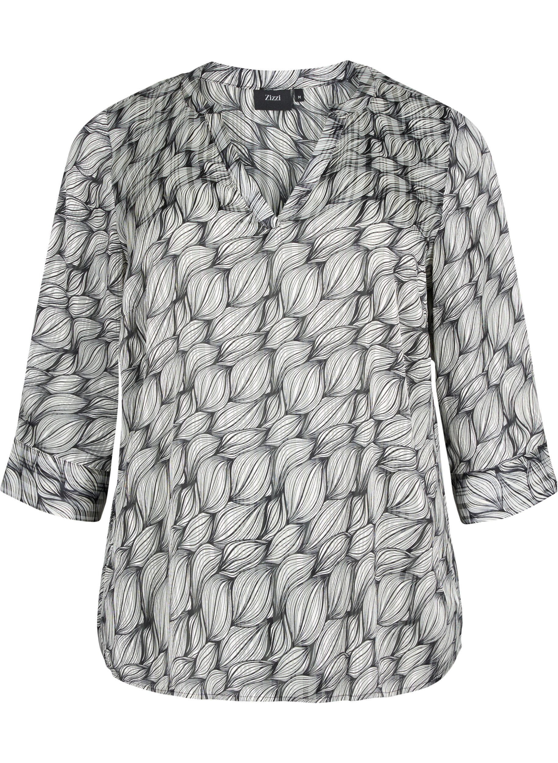 Zizzi Bluse mit Print und 3/4-&Auml;rmeln, Black White Leaf, Packshot image number 0