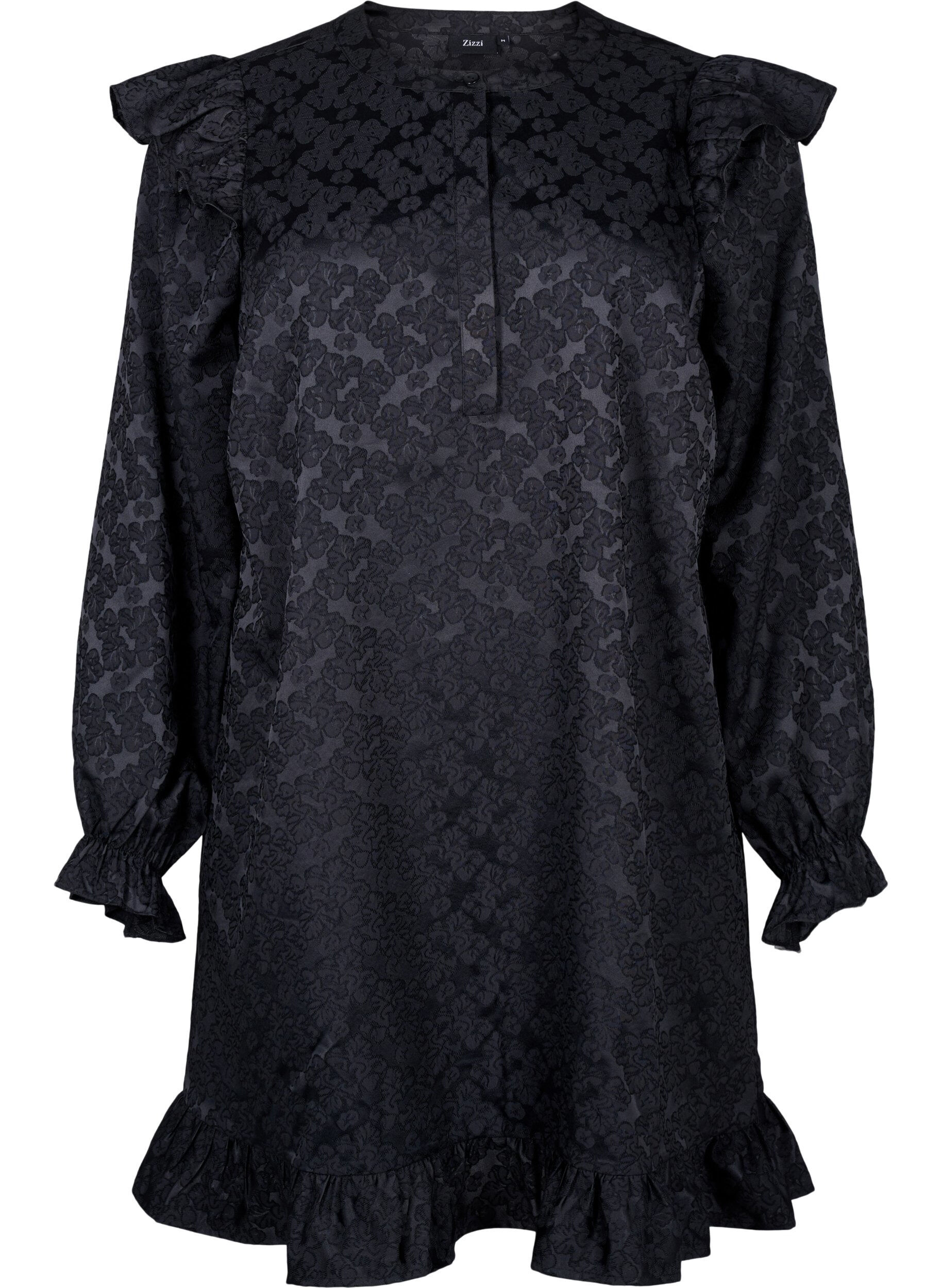 Zizzi Jacquardkleid mit langen &Auml;rmeln und R&uuml;schen, Schwarz, Packshot image number 0