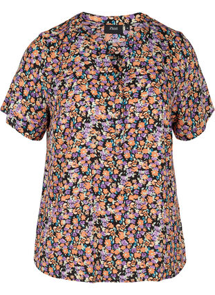 Bluse mit kurzen Ärmeln und V-Ausschnitt, Black Flower AOP, Packshot image number 0