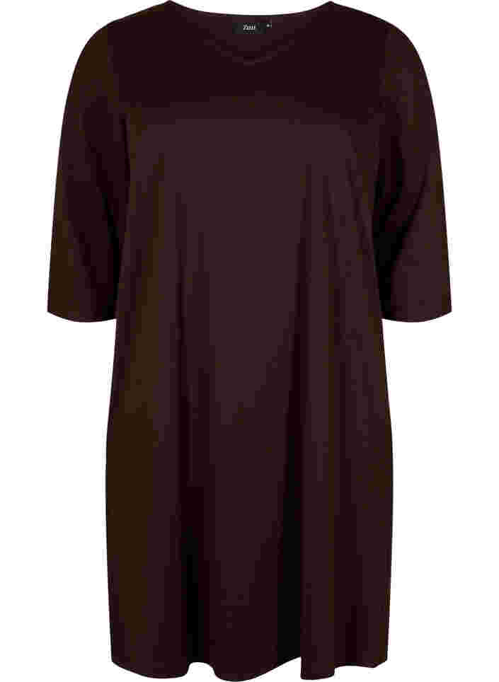Einfarbiges Kleid mit V-Ausschnitt und 3/4 Ärmeln, Coffee Bean, Packshot image number 0
