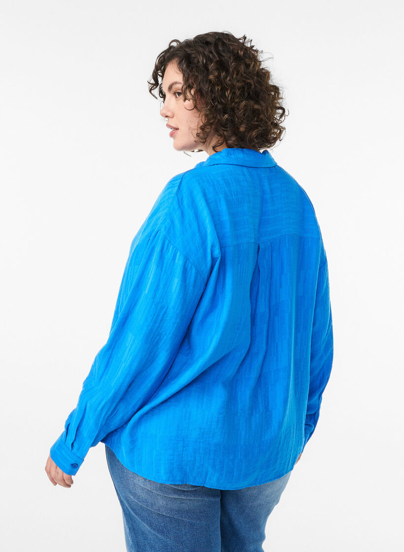 Lockere Bluse mit Struktur und V-Ausschnitt, Blau, Model image number 2