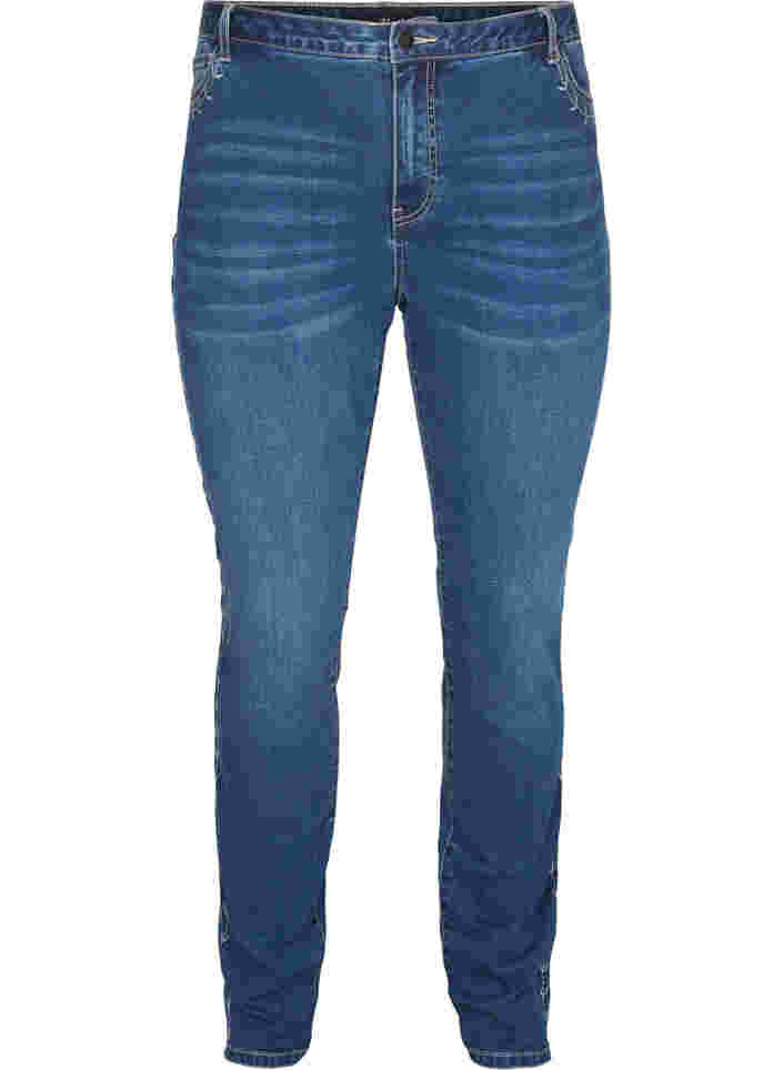 Nille Jeans mit hoher Taille und Stickerei, Blue denim, Packshot image number 0