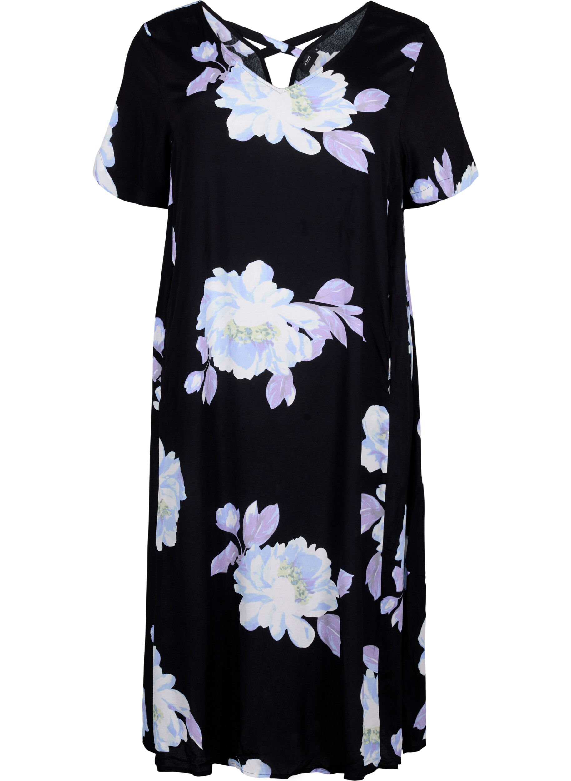 Zizzi Blumenkleid aus Viskose mit kurzen &Auml;rmeln, Black Big Flower AOP, Packshot image number 0