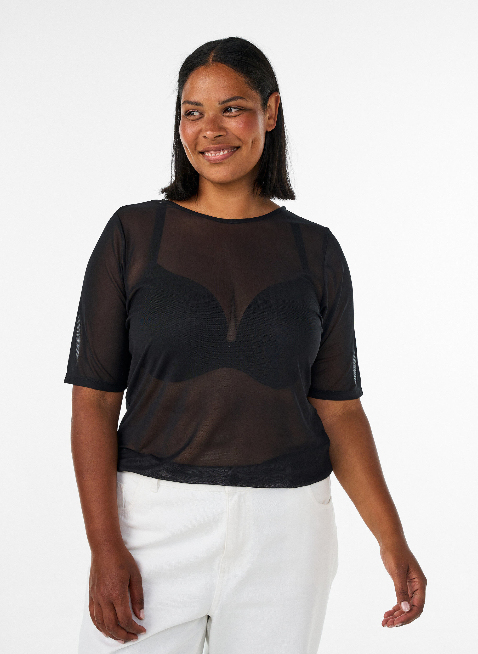 ZizziTop aus Mesh mit kurzen &Auml;rmeln und Rundhalsausschnitt, Schwarz, Model image number 0