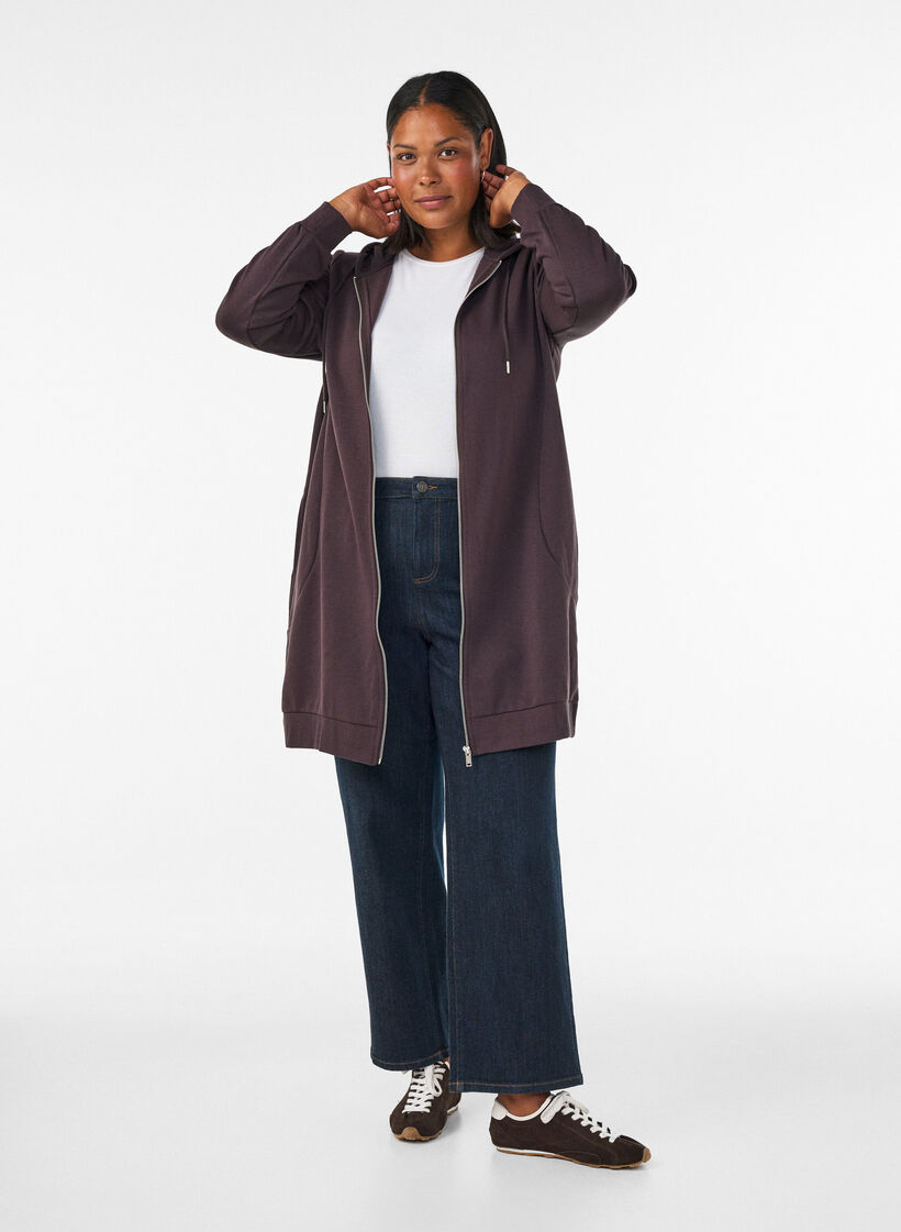 Langer Hoodie mit Rei&szlig;verschluss und Taschen, Braun, Model image number 1