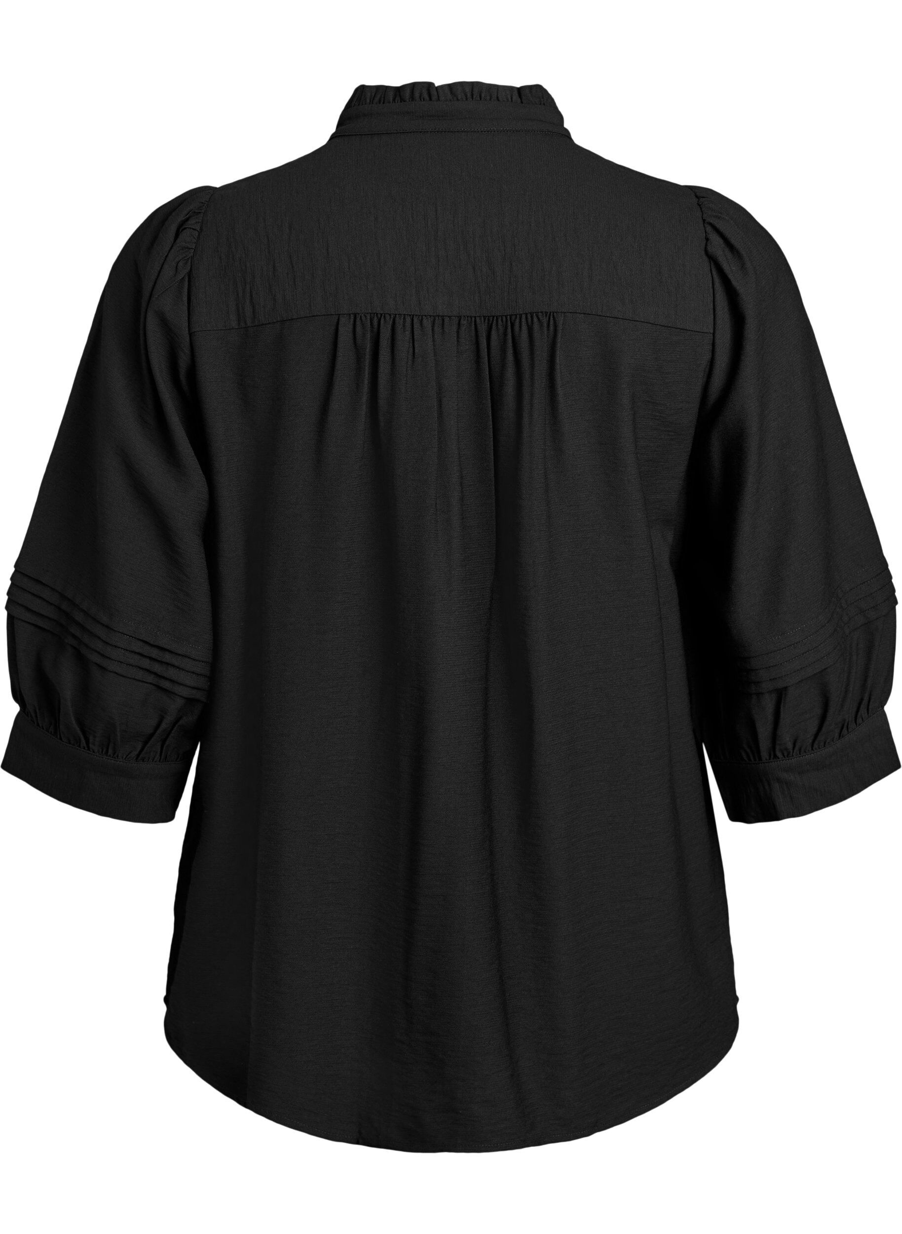 Zizzi Bluse mit 3/4-&Auml;rmeln und dekorativen Falten, Schwarz, Packshot image number 1