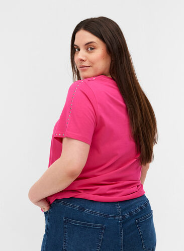 Kurzarm T-Shirt aus Baumwolle mit Nieten, Fuchsia Purple, Model image number 1