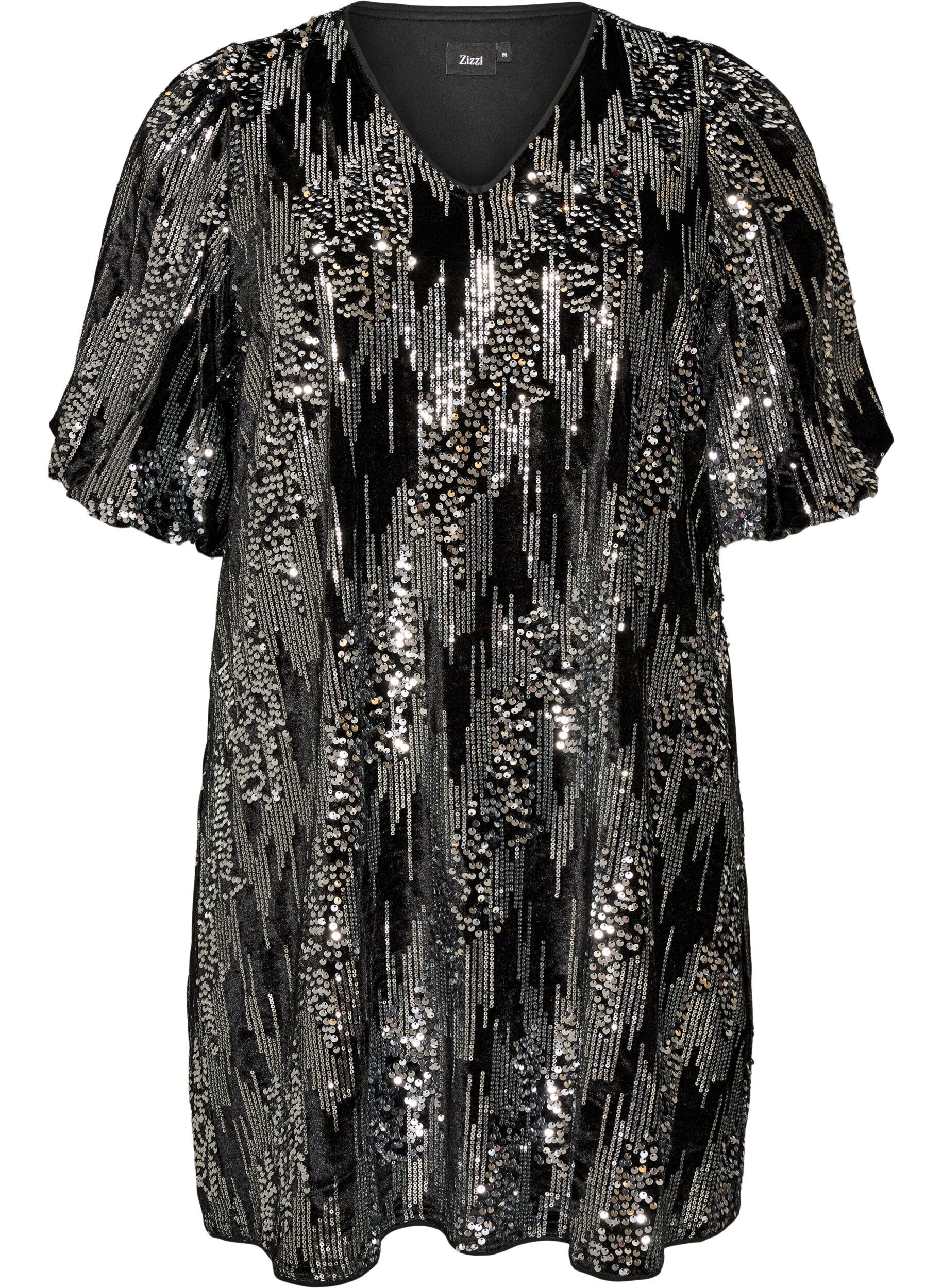 ZizziKurzes Kleid mit Pailletten und Ballon&auml;rmeln, Schwarz, Packshot image number 0