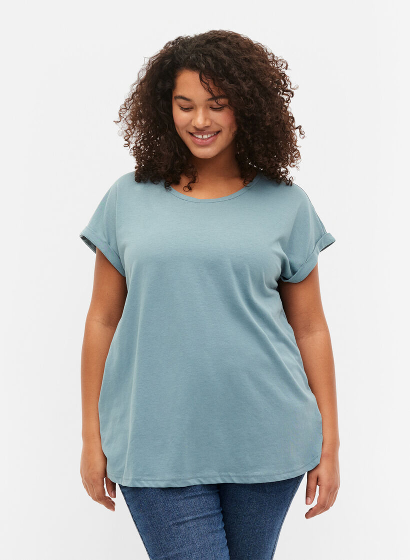 Kurzärmeliges T-Shirt aus einer Baumwollmischung, Blau, Model image number 0
