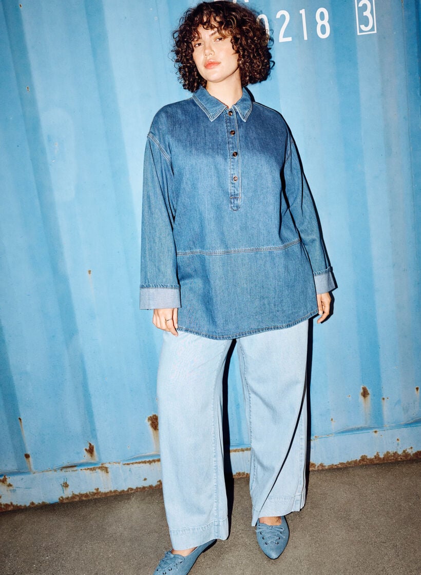 Joggers aus Denim mit weitem Bein und hoher Taille, Blau, Image image number 0