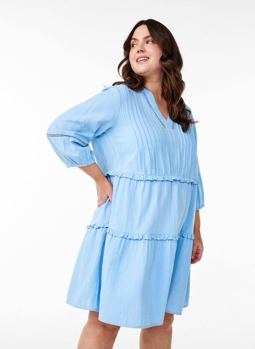 Baumwollkleid mit 3/4-Ärmeln und Rüschen, Blau, Model image number 0
