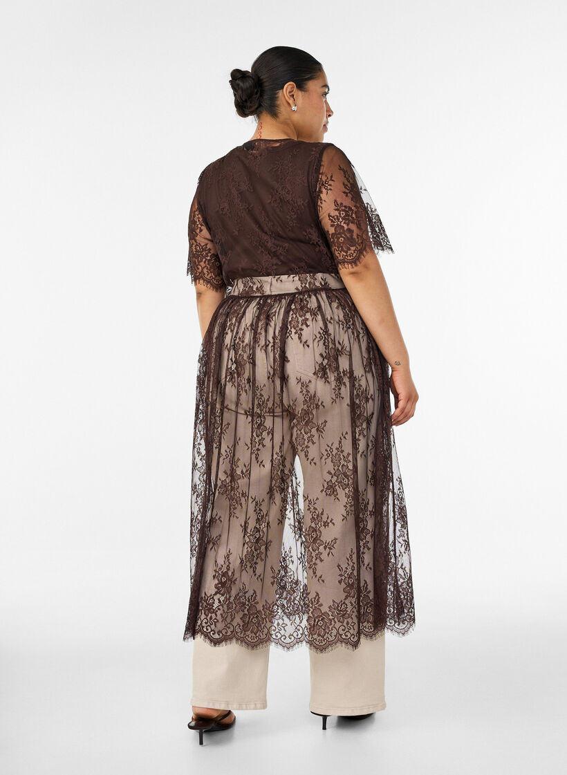 Midikleid aus transparenter Spitze mit kurzen &Auml;rmeln, Braun, Model image number 1