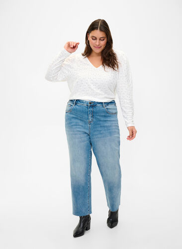 7/8-Jeans mit Fransensaum und hoher Taille, Light blue denim, Model image number 0