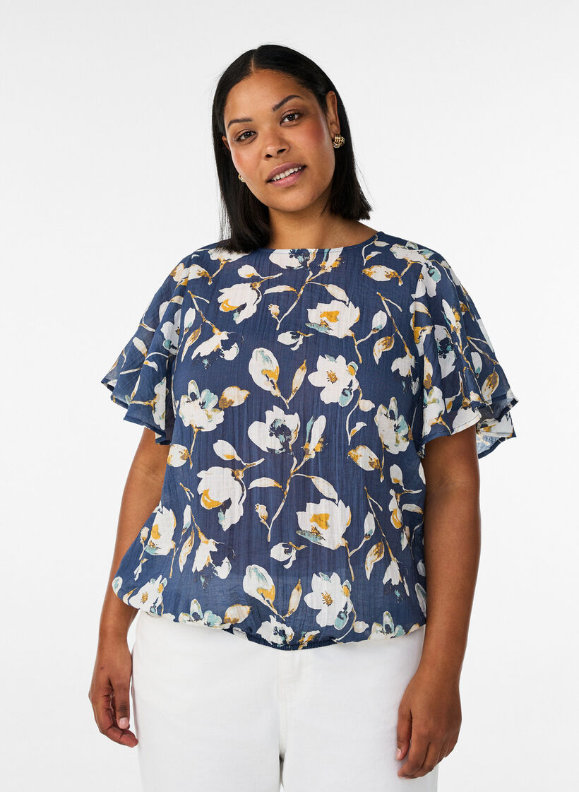 Bluse mit Ballonform und Fl&uuml;gel&auml;rmeln, Blau, Model image number 0