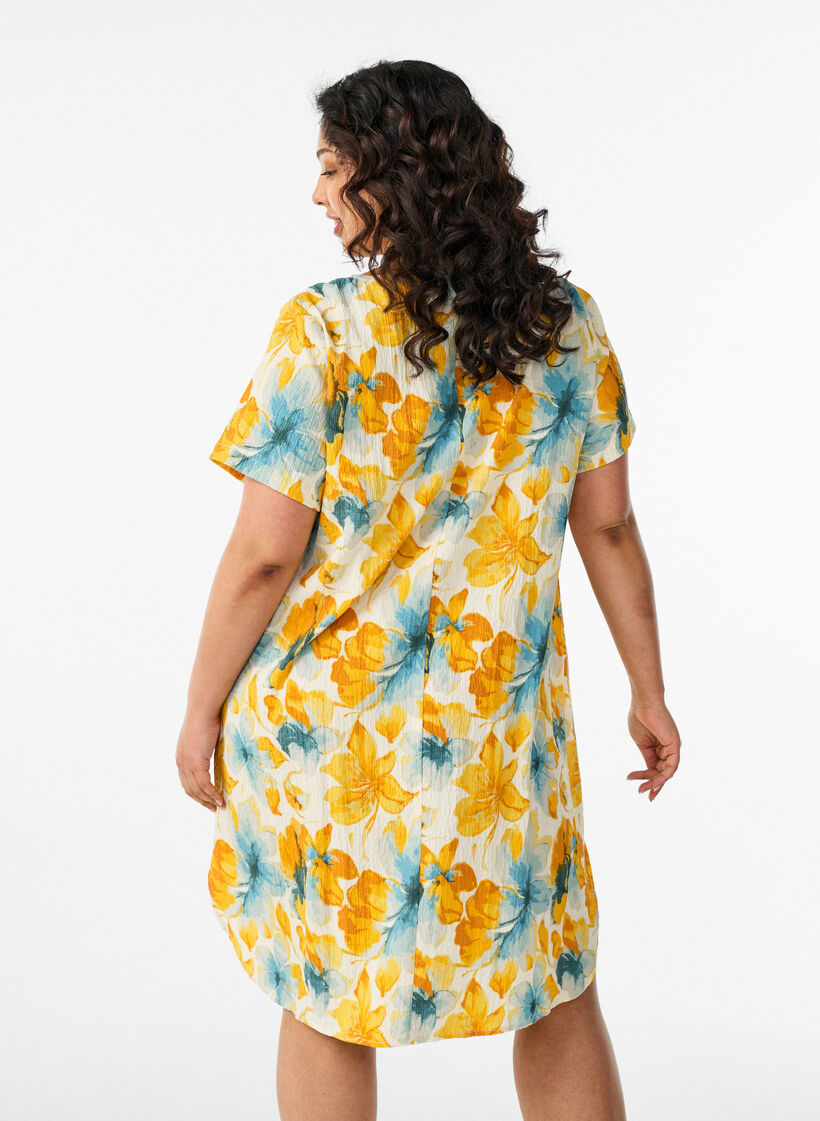 Kurzes Kleid mit gecrinkelter Textur und kurzen &Auml;rmeln, Gelb, Model image number 2